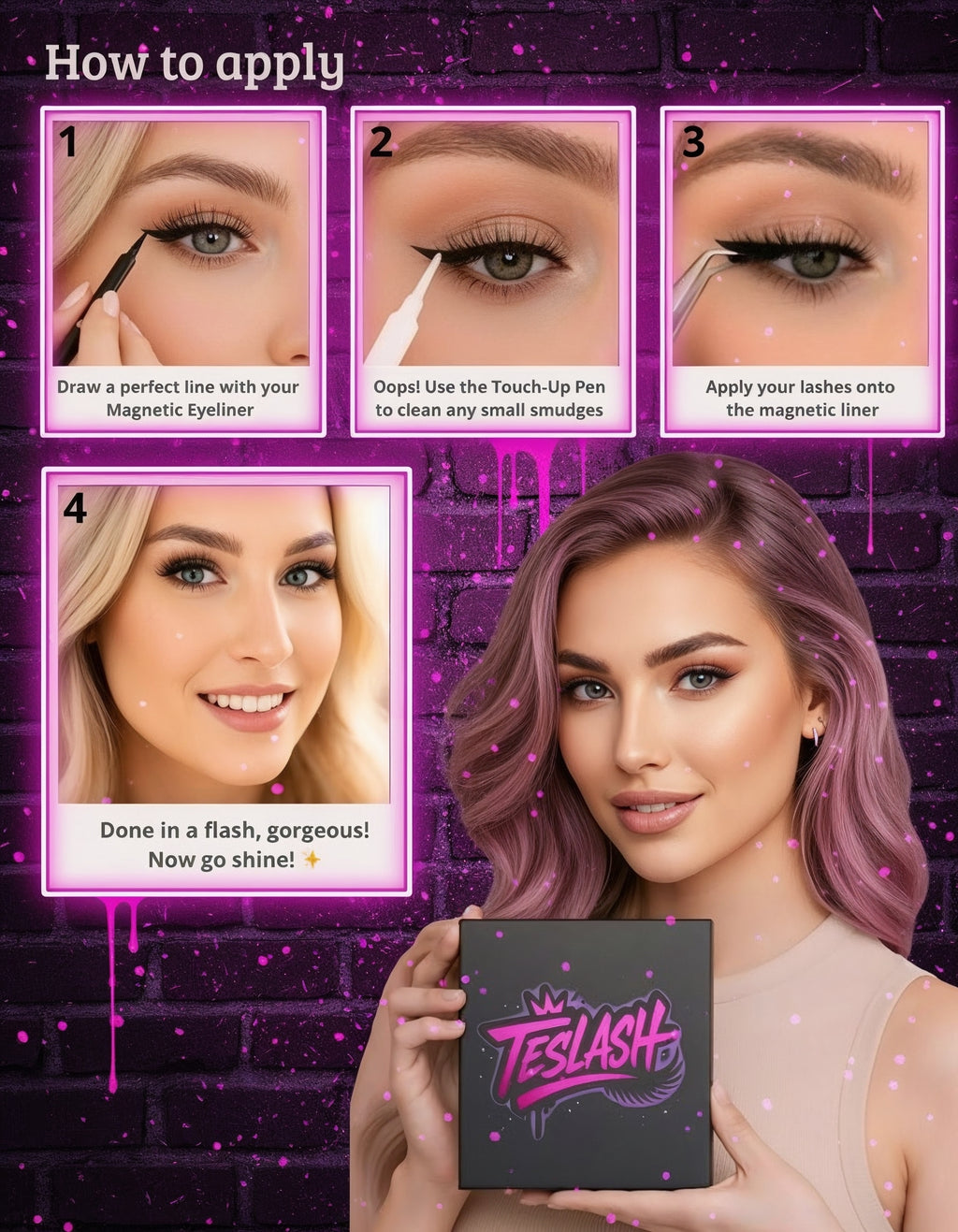 Teslash Baddie Kit – 2 Magnetic Lash Styles + Magnetic Eyeliner + Applicator Tool